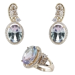 Комплект "Линда" фианит "турмалин" зелено - голубой покрытие под золото, размеры кольца: 18