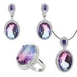 Комплект "Регина" фианит "турмалин" фиолетово - голубой покрытие родий, размеры кольца: 19