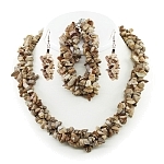 Яшма древесная "Василиса", галька 3х, длина бус 45 - 51см, браслета 19 - 25см, сережки с крючком 5см